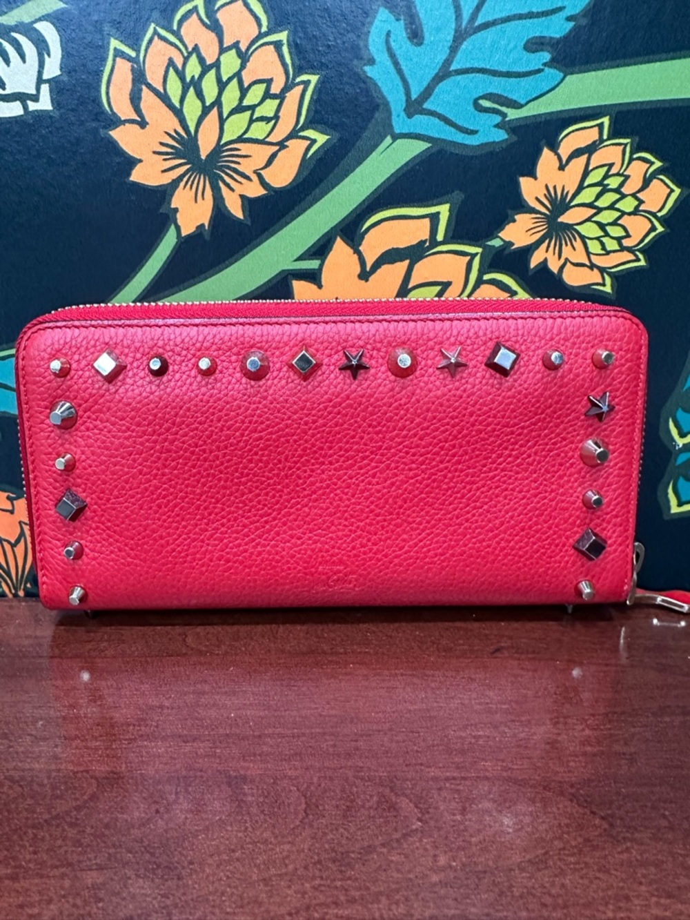 Christian Louboutin Red Studded Zip Around Wallet Leather Spike Star Continental - Picture 6 of 14